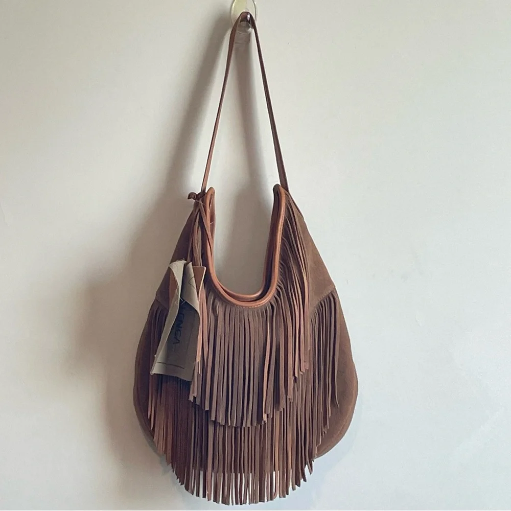 NEW Vilenca Holland Cognac Brown Suede Fringe Hobo Bag Boho Festival Western